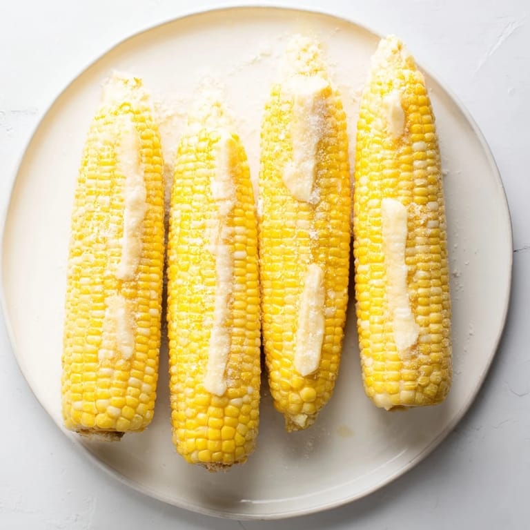 Close-up of crispy, charred kernels on a grilled ear of corn on the cob, served on a rustic platter with a side of butter.