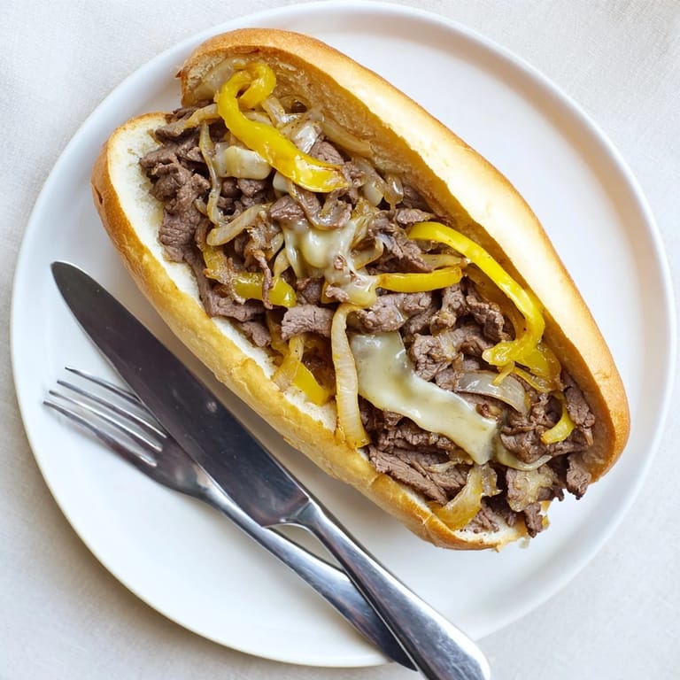 A juicy Philly cheesesteak sandwich stuffed with melted cheese, peppers, and onions, served hot on a crusty roll.