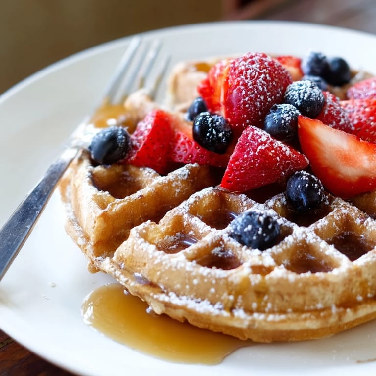 A close-up of fresh Waffles with crisp edges and tender centers, served with juicy fruit.