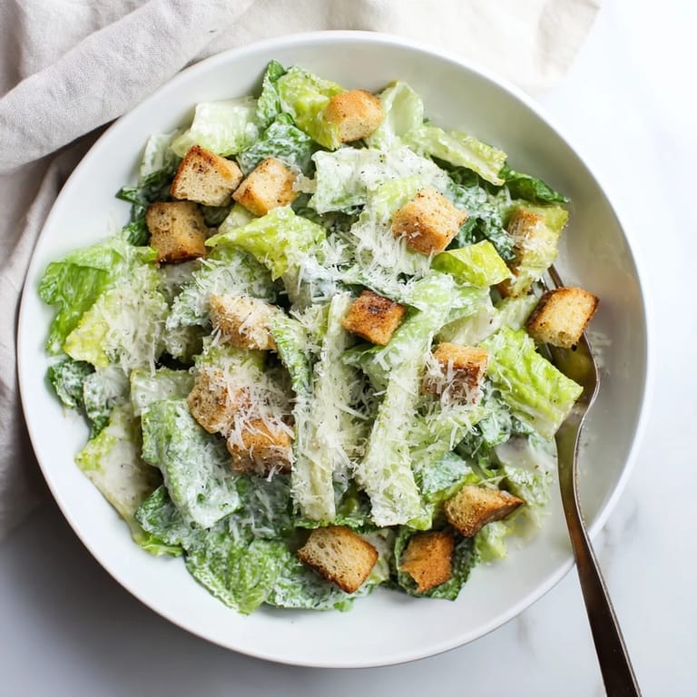 A classic Caesar salad recipe plated with golden croutons, creamy dressing, and freshly grated Parmesan cheese.