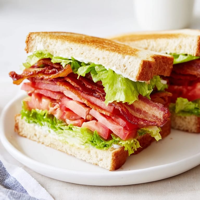 Creamy mayonnaise spread on toasted bread stacks fresh lettuce, ripe tomato, and crunchy bacon slices.