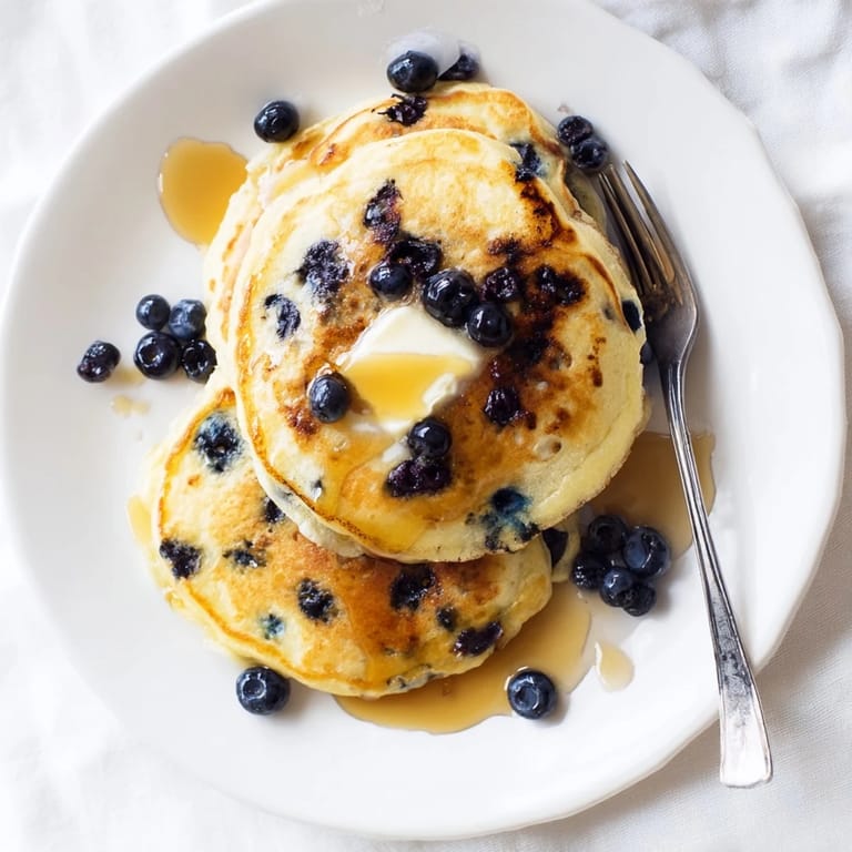 Fresh blueberry pancakes plated beside a cup of coffee, showcasing a classic American breakfast with rich syrup.
