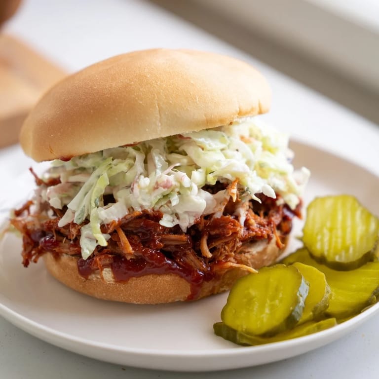 Savory Pulled Pork Sandwich with juicy shredded pork shoulder smothered in rich barbecue sauce, served hot on a toasted bun.