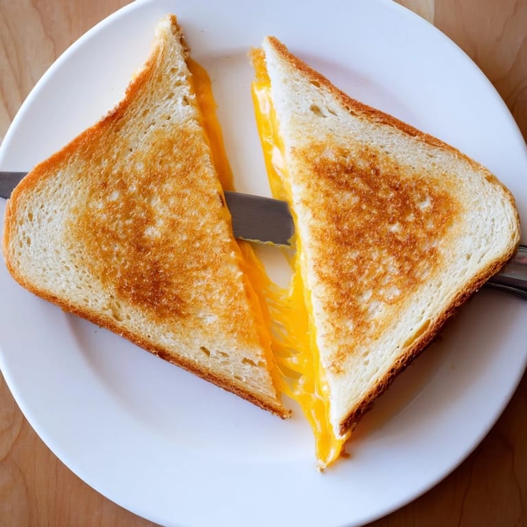 A perfectly toasted Grilled Cheese Sandwich cut diagonally on a plate, showcasing melted cheese pull.