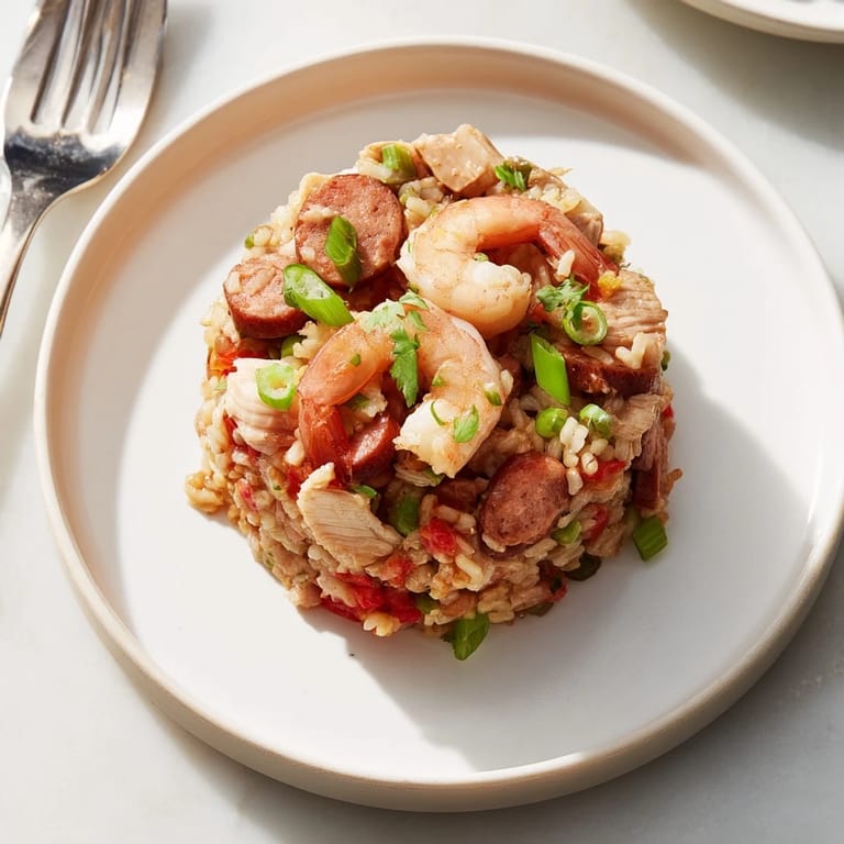 Close-up of a hearty Jambalaya dish revealing tender shrimp and smoky sausage nestled among seasoned rice and vegetables.