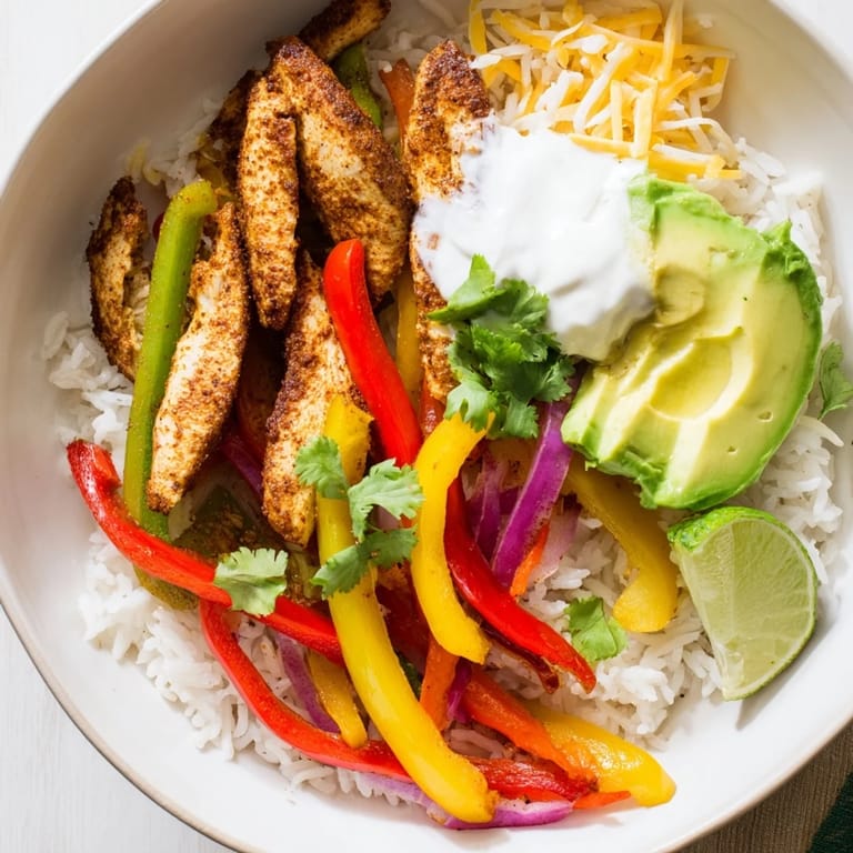 Sizzling Chicken Fajita Bowl topped with fresh avocado slices, shredded cheese, and a dollop of sour cream for a delicious meal.