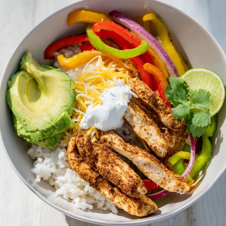 Freshly prepared Chicken Fajita Bowl garnished with cilantro and lime wedges, served warm as a healthy gluten-free dinner.