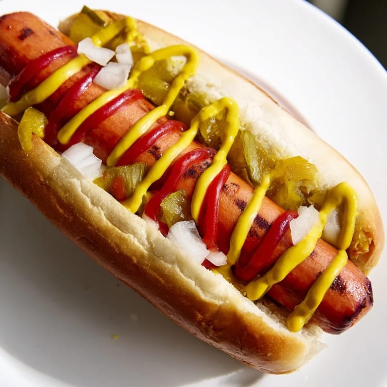 American hot dogs topped with mustard, ketchup, relish, and onions on a plate.