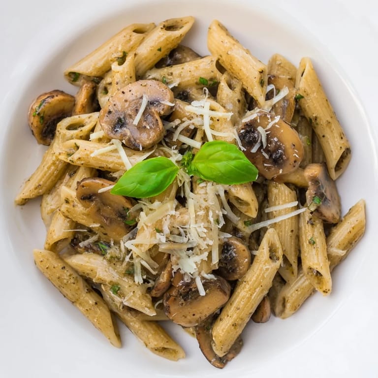 Steaming plate of mushroom pesto pasta with sautéed garlic mushrooms and a sprinkle of fresh basil.