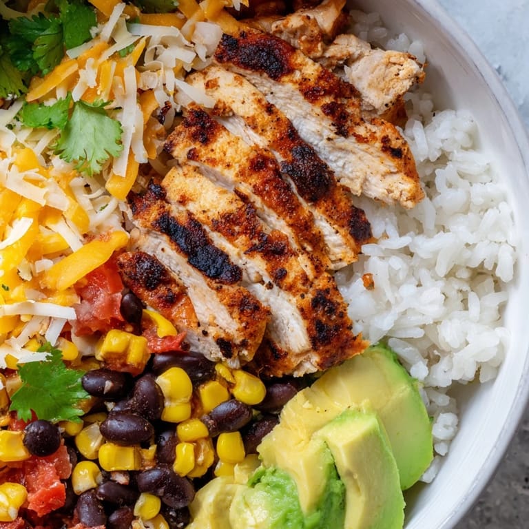 Freshly grilled spicy chicken slices rest on fluffy rice, black beans, and corn in a colorful burrito bowl.
