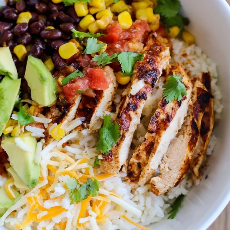 Savory Spicy Chicken Burrito Bowl garnished with cilantro and lime wedges, ready to serve for a gluten-free Tex-Mex meal.