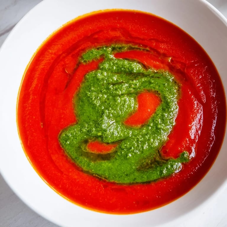 Silky, rich tomato soup with basil pesto swirl, ready to serve with grilled cheese for a cozy lunch.