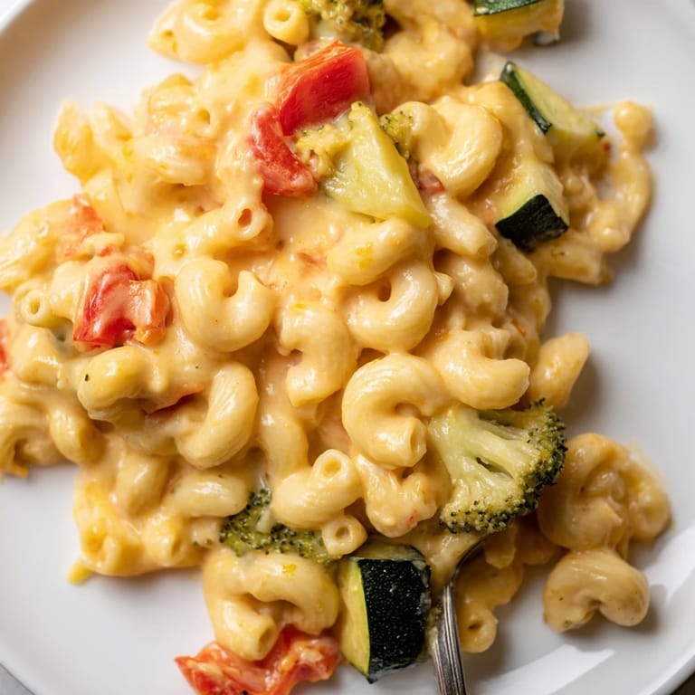 A close-up of Roasted Veggie Mac & Cheese, steamy and cheesy, served in a rustic bowl.