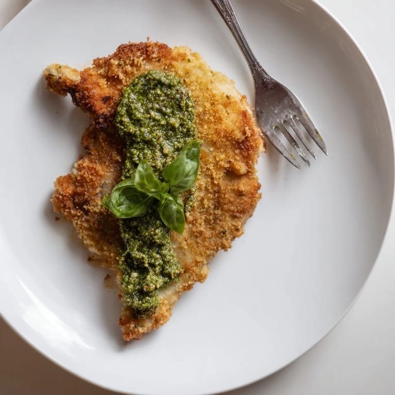 Pan-fried Crispy Pesto Chicken Cutlets with Parmesan breadcrumbs, finished with pesto alongside a simple salad garnish.