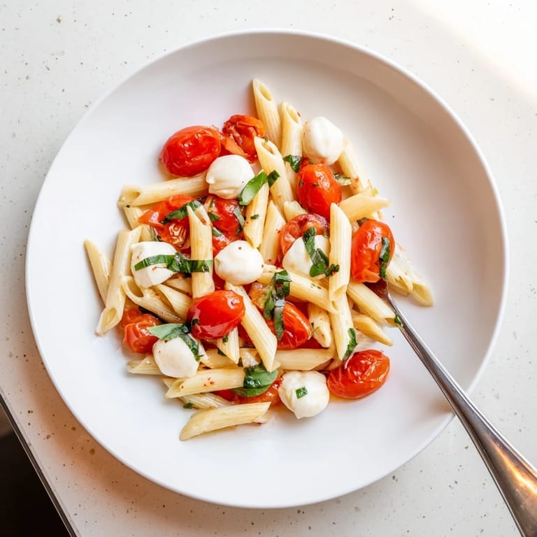 A vibrant bowl of Caprese Salad Pasta showcases fusilli twirls coated in olive oil, dotted with bocconcini, and sprinkled with torn basil and black pepper.  