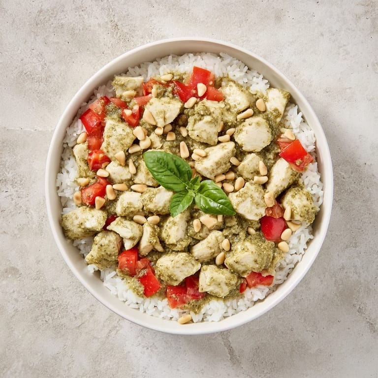 Golden-brown pesto chicken sits atop fluffy white rice in this easy Italian-inspired dinner bowl.