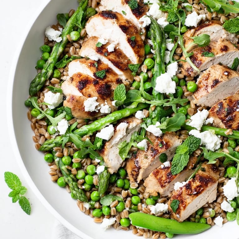 A hearty Warm Spring Farro Chicken Salad served over arugula, topped with crumbled feta and herbs, perfect for a light lunch.  