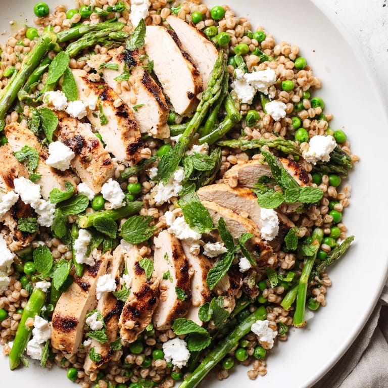 Colorful bowl of Warm Spring Farro Chicken Salad featuring golden farro, tender chicken, and vibrant spring vegetables drizzled with lemon dressing.
