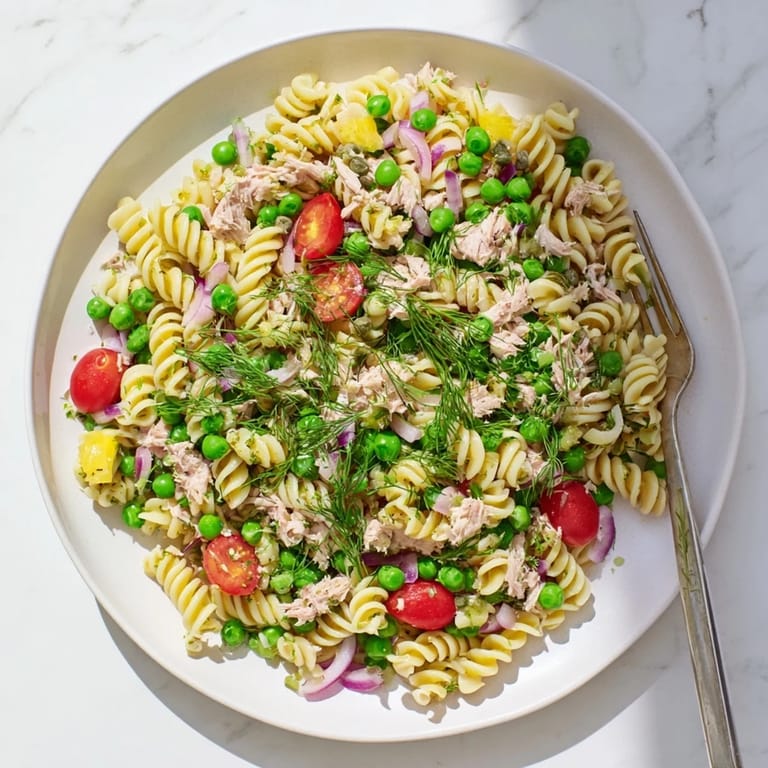 A fork twirls Lemony Tuna Pasta Salad with tuna, peas, and herbs for a summer lunch.