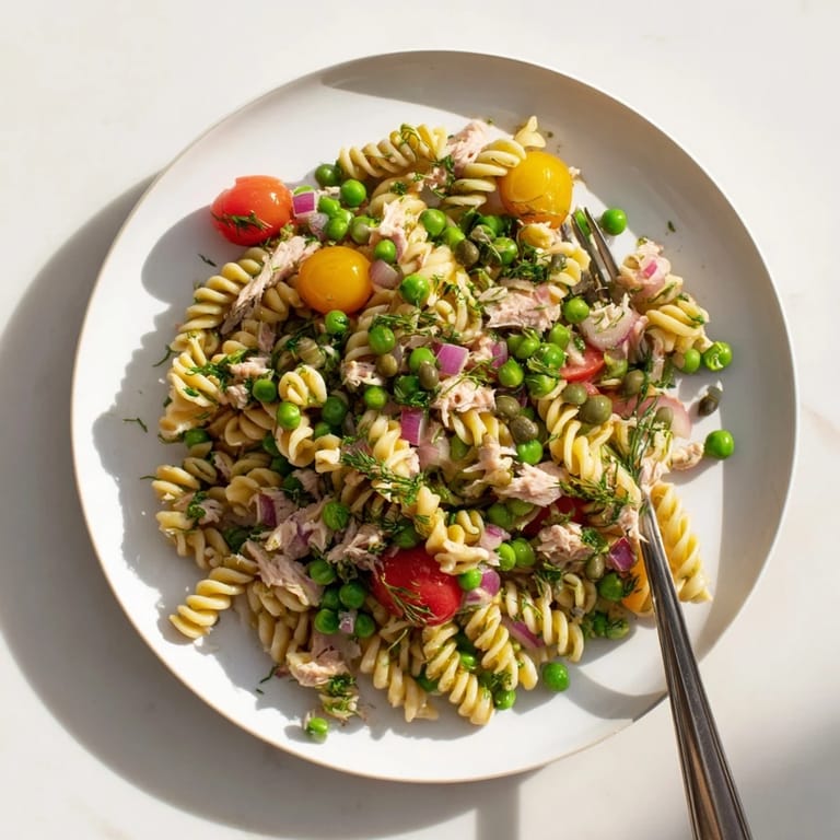 Lemony Tuna Pasta Salad in a white bowl with lemon wedges and parsley garnish.  