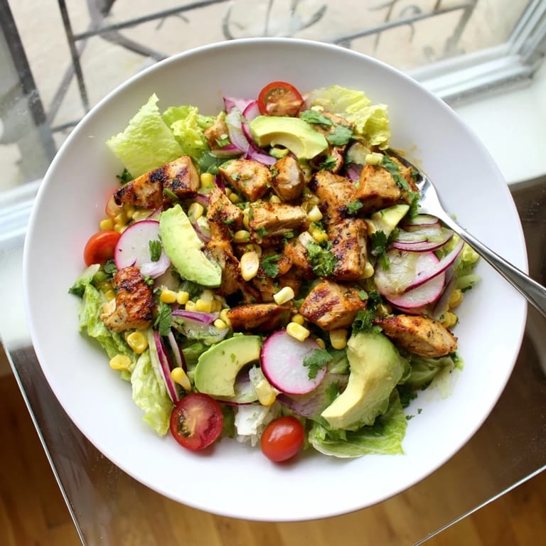 Colorful Roasted Corn & Chicken Chopped Salad served in a rustic bowl, topped with cilantro and ready for a light, refreshing lunch.