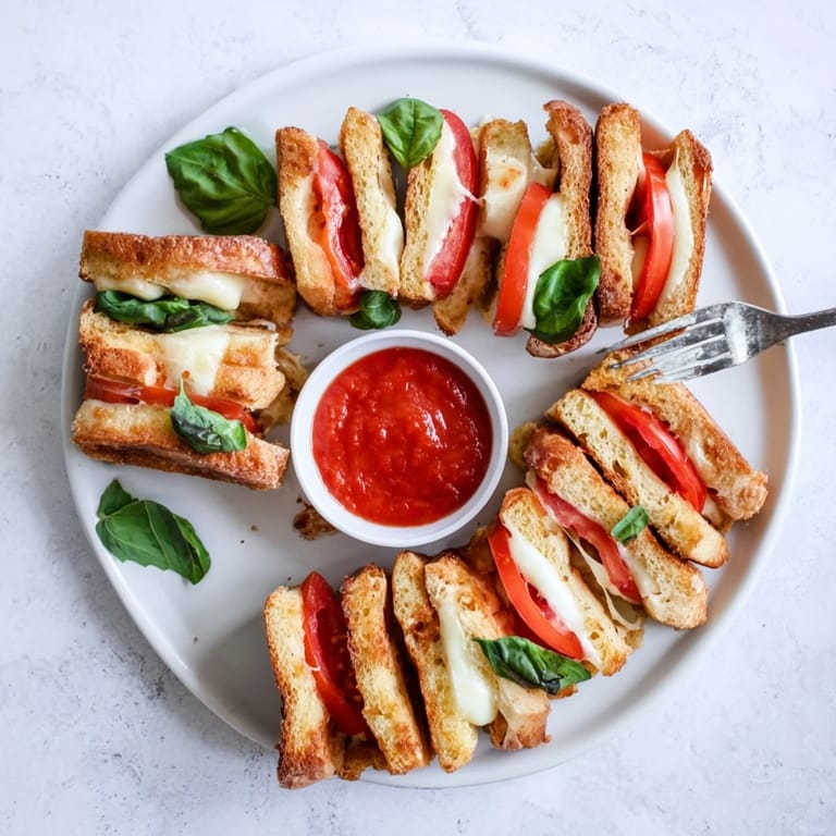 Caprese Grilled Cheese Dippers arranged on a wooden board, ready to be dipped into tangy marinara for an easy appetizer.
