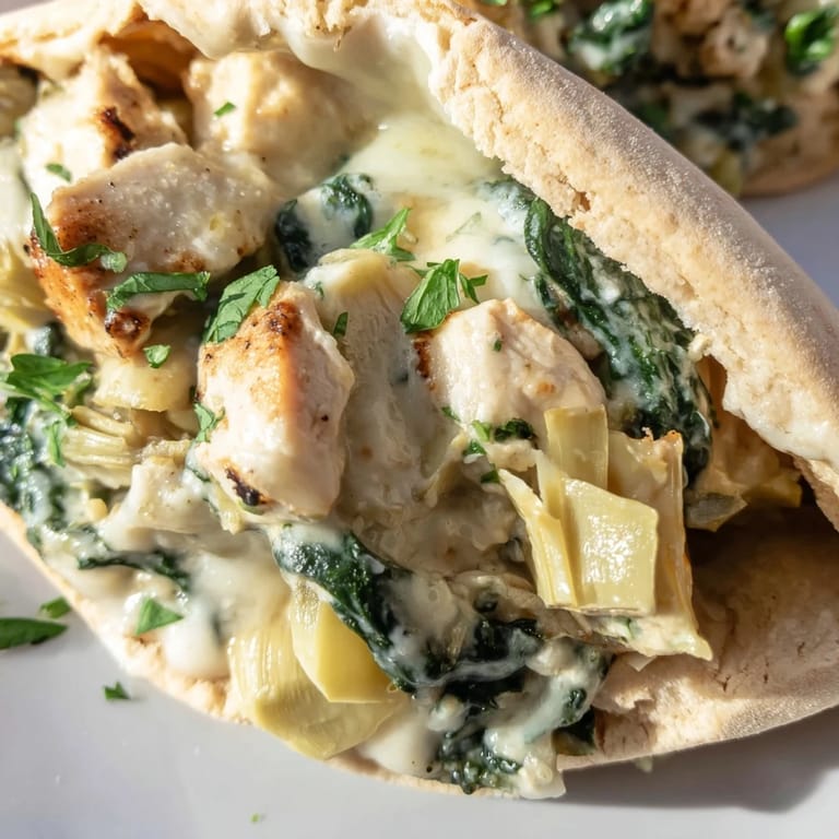 Golden-baked pita pockets overflowing with warm spinach artichoke chicken, fresh parsley, and lemon wedges.