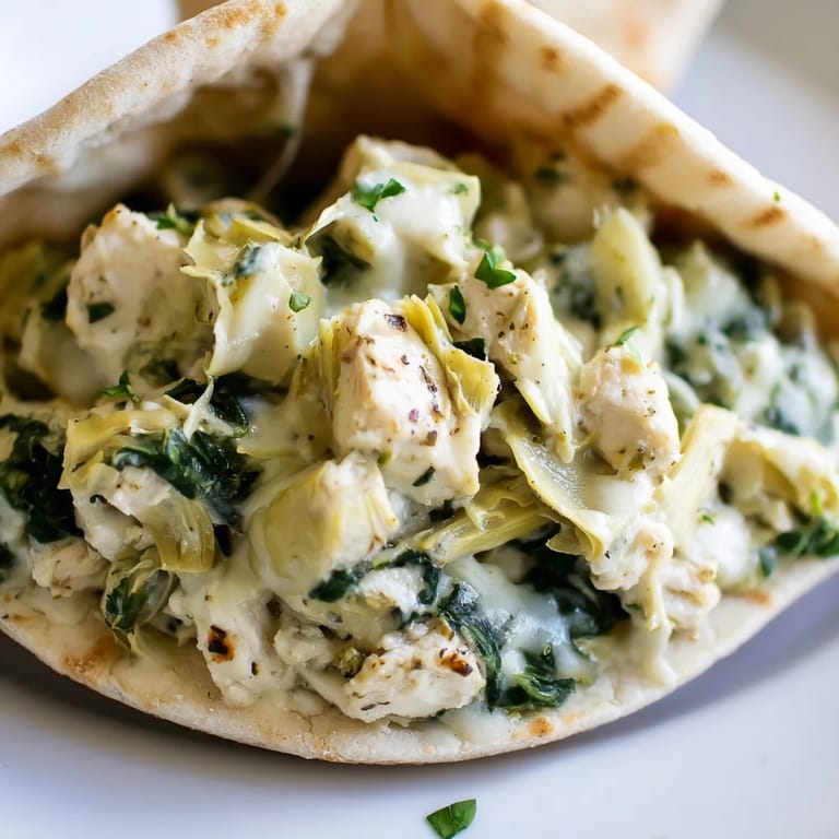 Freshly baked Spinach Artichoke Chicken Stuffed Pita served hot, revealing melted cheese and vibrant greens.