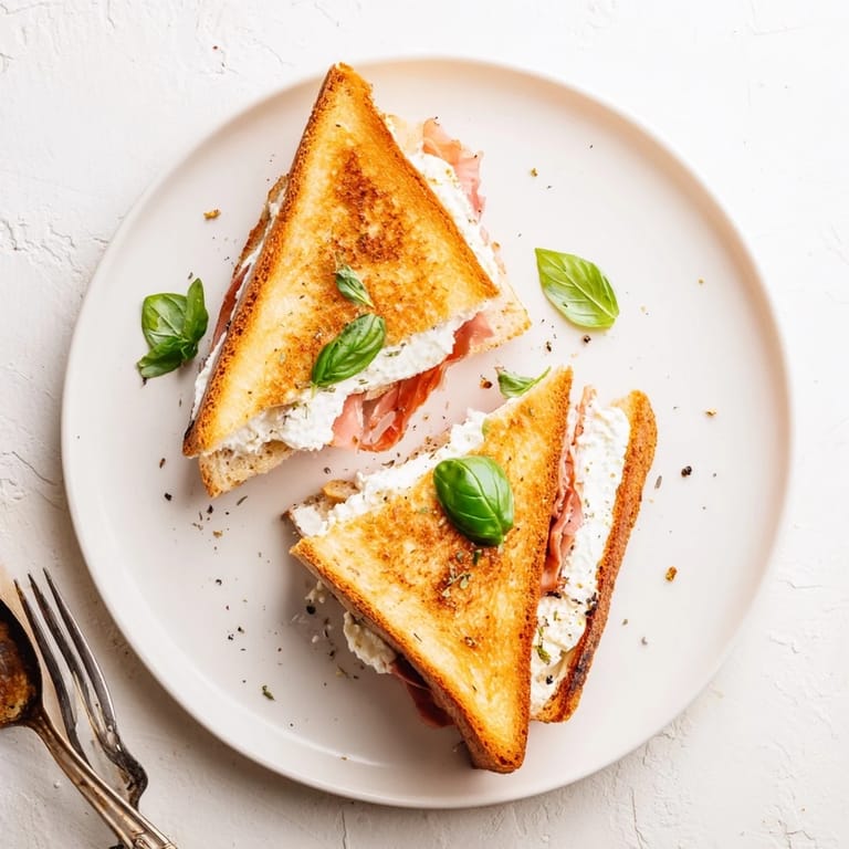 Crispy Prosciutto & Burrata Grilled Cheese with melty cheese oozing from buttery sourdough bread, served on a rustic wooden board.  
