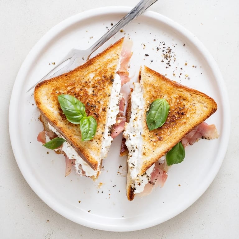 Crispy Prosciutto & Burrata Grilled Cheese on golden sourdough, featuring crisp prosciutto, fresh basil, and melted burrata cheese.