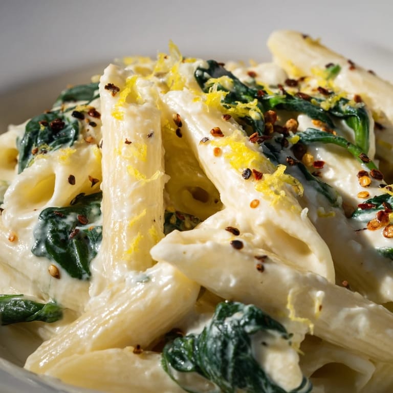 Savory creamy feta spinach pasta tossed in a velvety sauce beside a glass of white wine.
