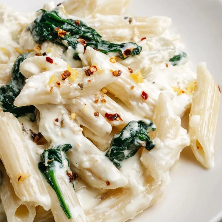 Garnished creamy feta spinach pasta with lemon zest and fresh herbs on a rustic plate.