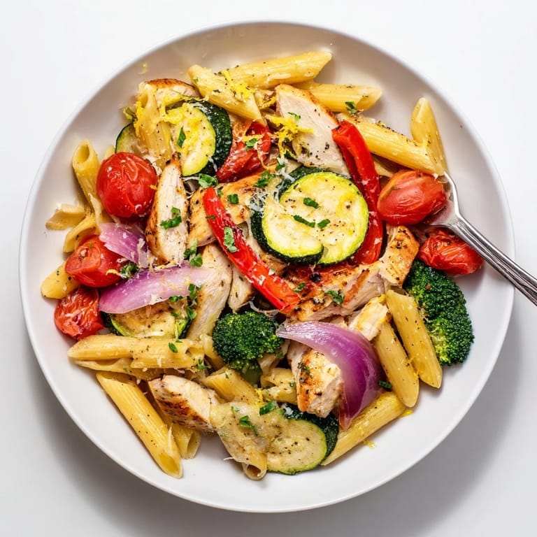 Sizzling Garlic Herb Chicken & Veg Pasta served hot with grated Parmesan and a lemony finish.
