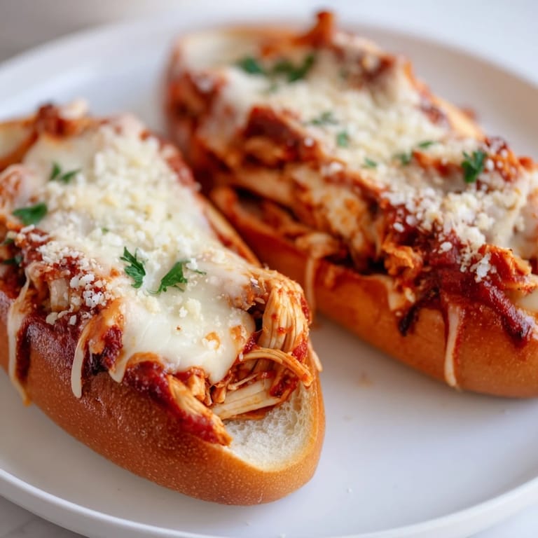 Sizzling Chicken Parm Stuffed Garlic Bread emerges from the oven, featuring bubbly cheese and garlic butter on crusty baguette halves.  