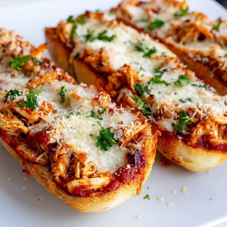 Sliced portions of Chicken Parm Stuffed Garlic Bread display layers of tender chicken, red marinara, and gooey Parmesan, ready to serve.