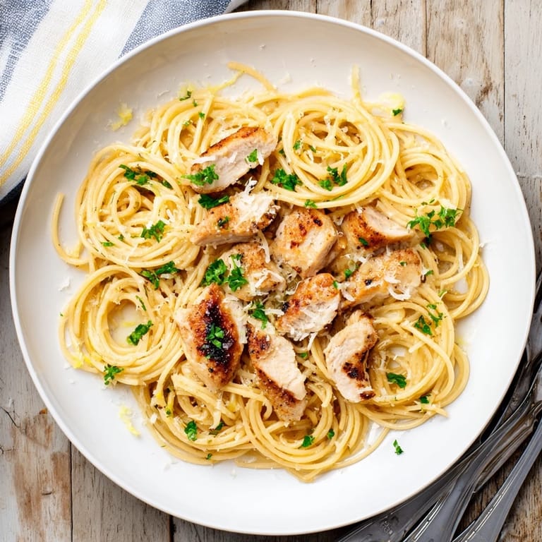 A close-up of Brown Butter Lemon Chicken Pasta in a skillet, showing caramelized butter sauce, tender seared chicken, and a wedge of lemon for serving.  