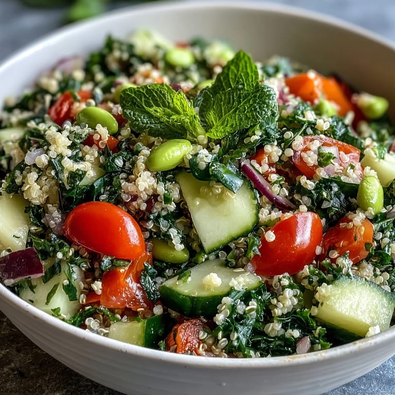Close-up of protein-packed Edamame and Quinoa Salad featuring diced bell pepper, cucumber, and a bright citrus dressing, perfect for a light lunch.