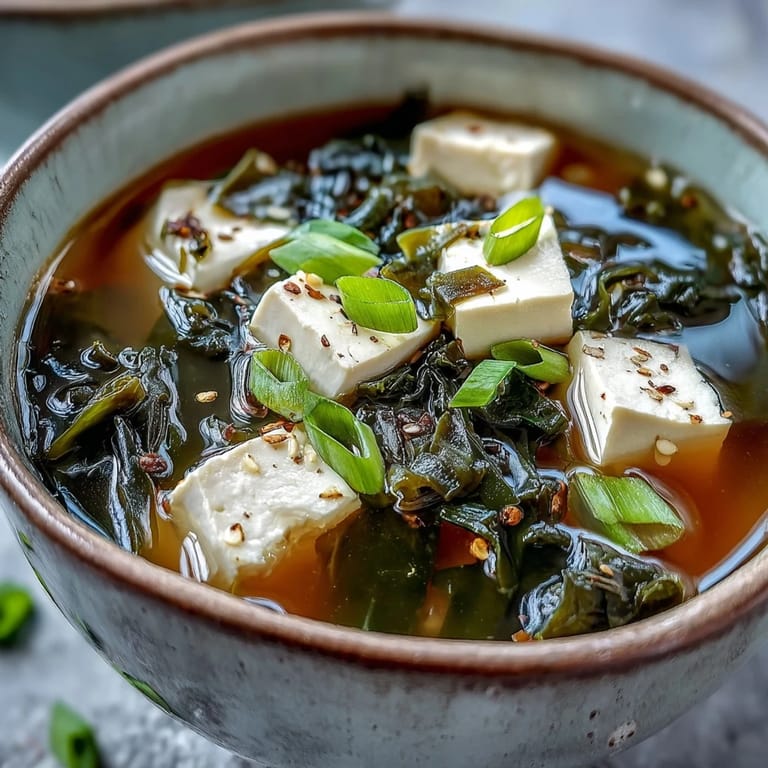 Gently simmered dashi broth holds tender tofu and dark green seaweed in this classic Miso Soup With Tofu, ready to be ladled out.
