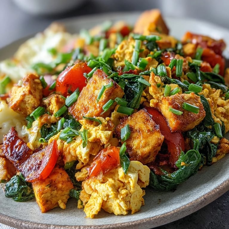 Brightly colored tofu scramble with spinach, bell peppers, and spices, garnished with fresh herbs and plated as a warm, savory plant-based meal.