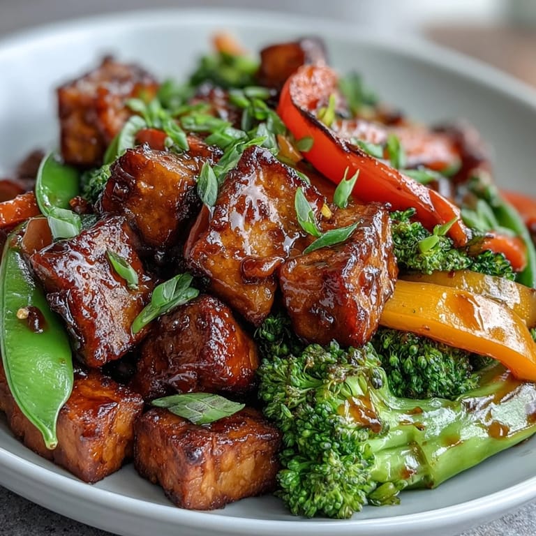 Sizzling Vegetable Tempeh Stir-Fry with colorful carrots, snap peas, and garlic, served hot over steamed jasmine rice.  