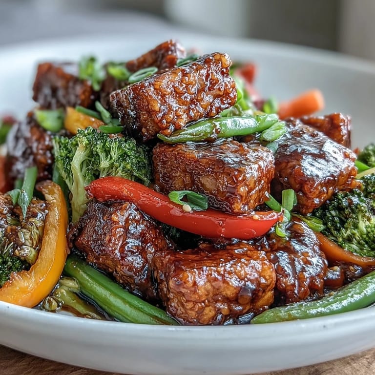 A healthy, plant-based dinner of Vegetable Tempeh Stir-Fry, featuring nutty tempeh and crisp veggies tossed in savory sauce.
