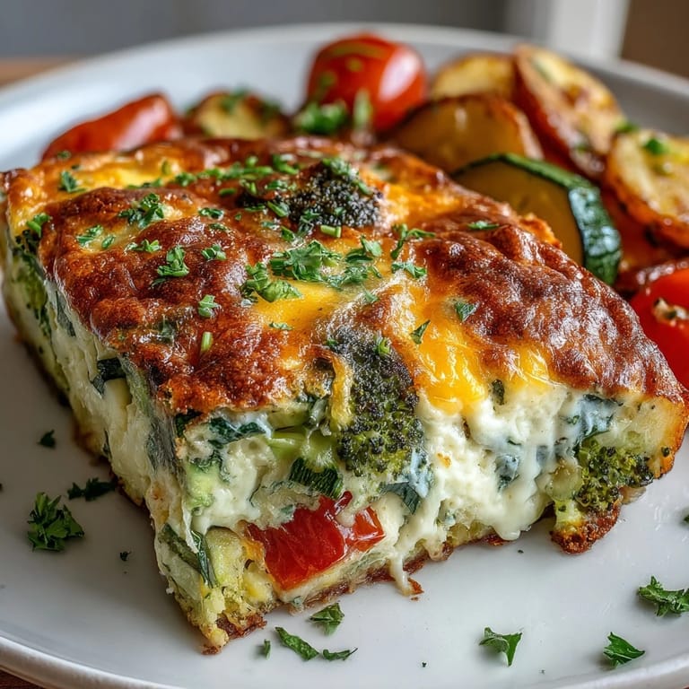 Golden Vegetable Frittata with sautéed broccoli, cherry tomatoes, and red onion, ready to serve for brunch or a light dinner.