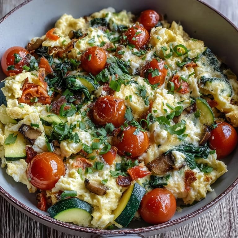Fluffy Egg and Vegetable Scramble with red onion and fresh greens, ready to serve alongside a side of buttered toast.