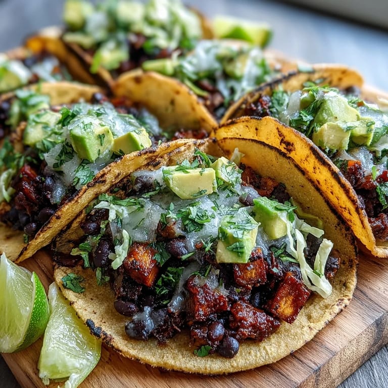Colorful plant-based Black Bean and Sweet Potato Tacos are garnished with crunchy red cabbage and a dollop of creamy vegan sour cream.
