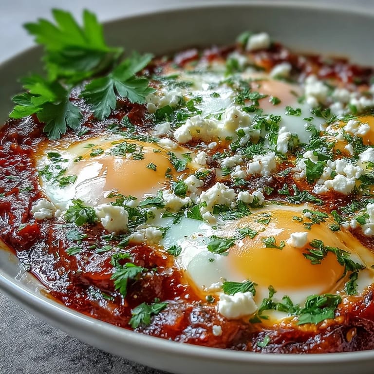 Savory Shakshuka bubbling in a skillet, ready for a hearty breakfast with crusty bread.