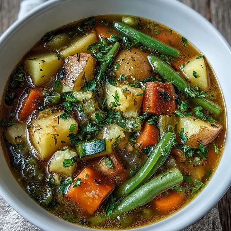 Potato and Vegetable Soup simmering in a rustic pot, featuring chunky zucchini, green beans, and a rich vegetable broth ready to serve.