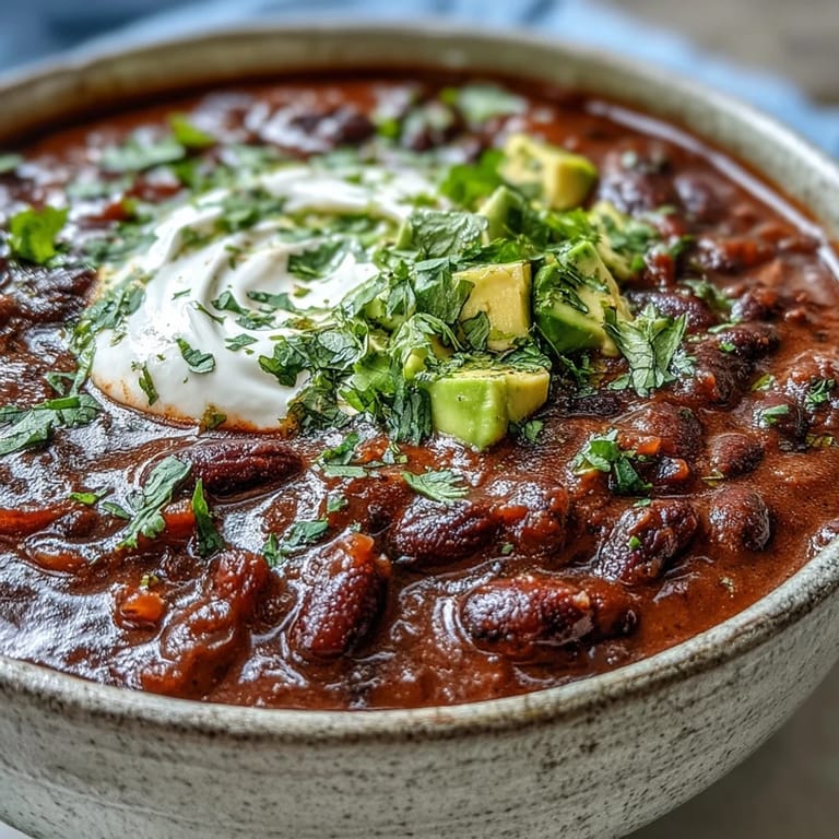 Vibrant Black Bean Soup garnished with red onion and cilantro, presented on a rustic table for a cozy meal.