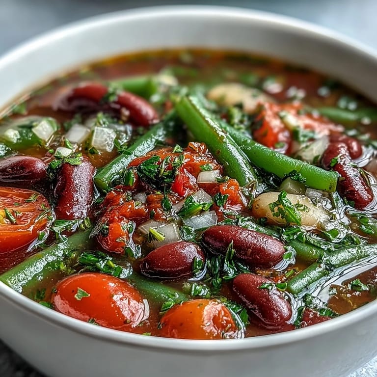 A hearty ladleful of Three-Bean Salad Soup reveals vibrant vegetables and beans in a savory tomato and herb-infused broth, perfect for a comforting meal.