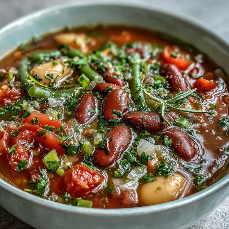 Close-up on Three-Bean Salad Soup showcasing a medley of beans, crisp celery, and red onion in a tangy vinaigrette-style vegetable broth, garnished with fresh herbs.