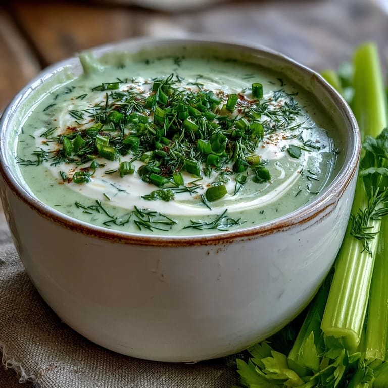 Vibrant green Creamy Celery and Herb Soup swirled with crème fraîche, featuring tender celery pieces and fragrant fresh herbs.